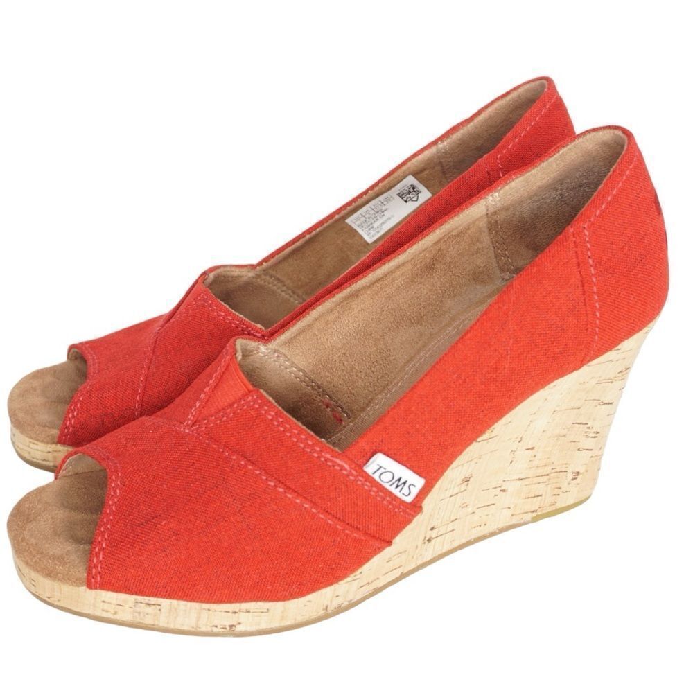 TOMS Red Peep Toe Cork Wedge Heels, Size 7